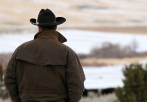 Man in cowboy hat looking at field