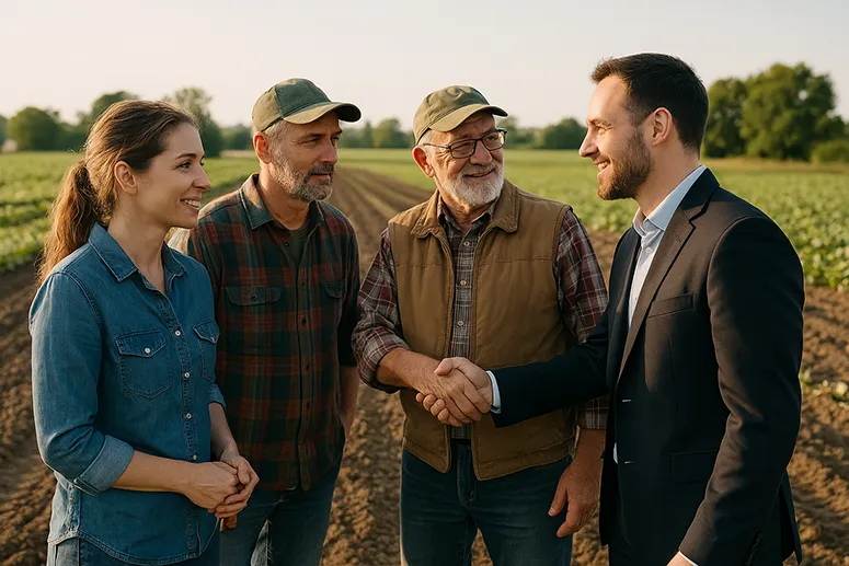 A-deal-in-the-field Farmers and a businessman doing business in the field