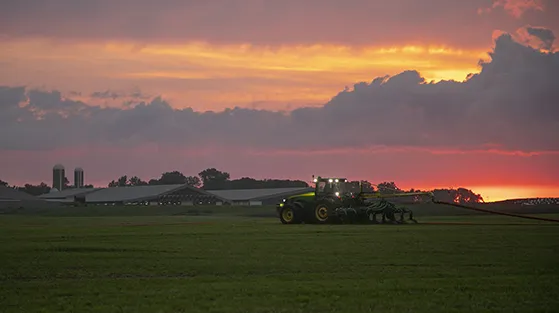 Blading manure at sunset Farmer blading in manure at sunset